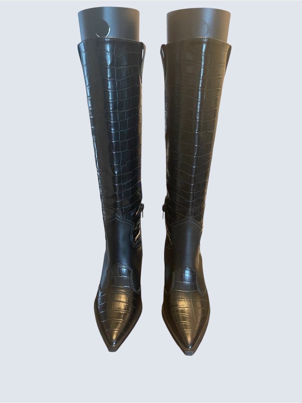 Black Croc-Embossed Knee-High Pointed Toe Women's Boots Size 6